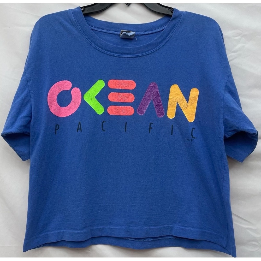 Vintage Ocean Pacific OP Cropped Tee Blue Neon Graphic Surf‎ Skate Cotton OSFM